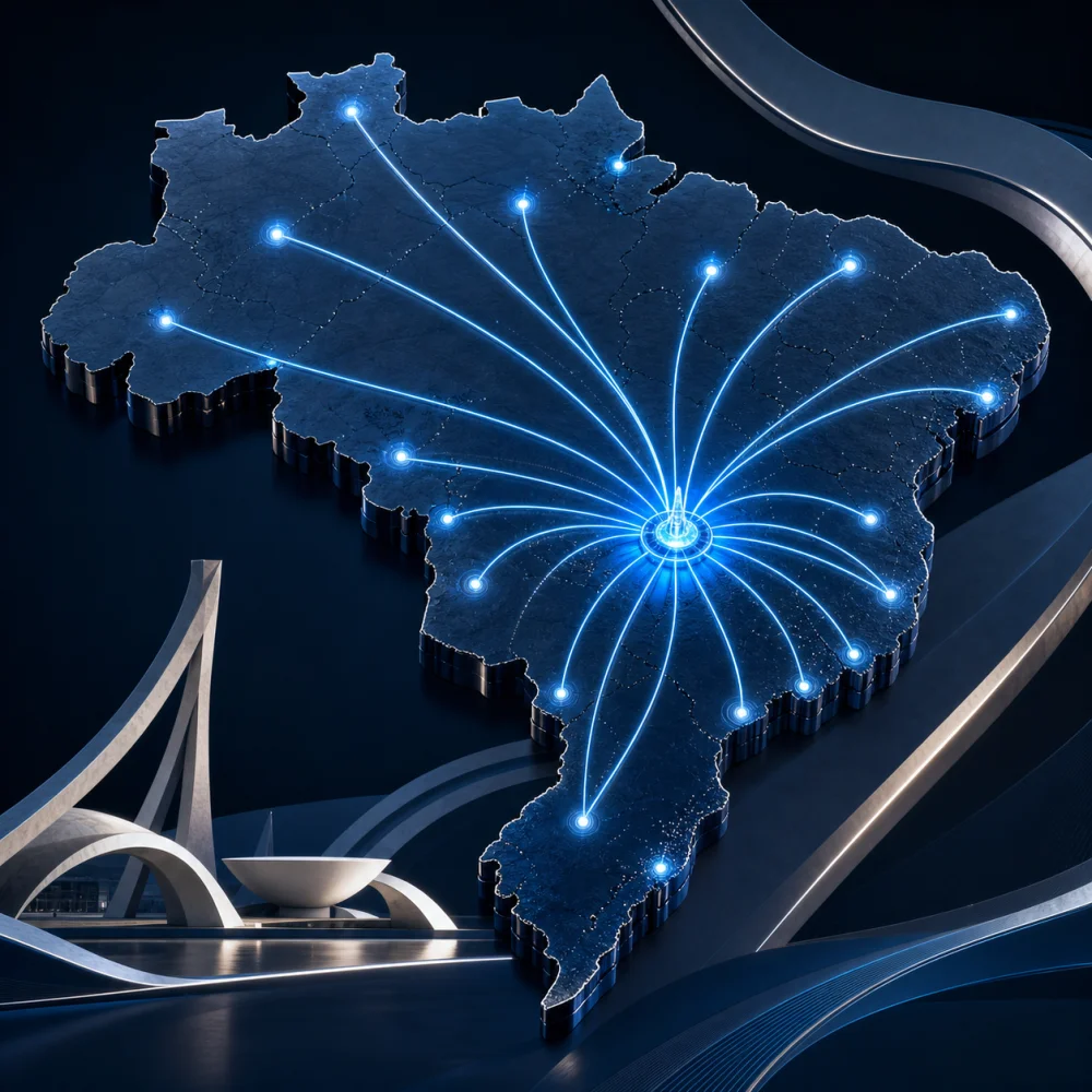 Mapa tecnológico do Brasil com Brasília conectada à operação nacional